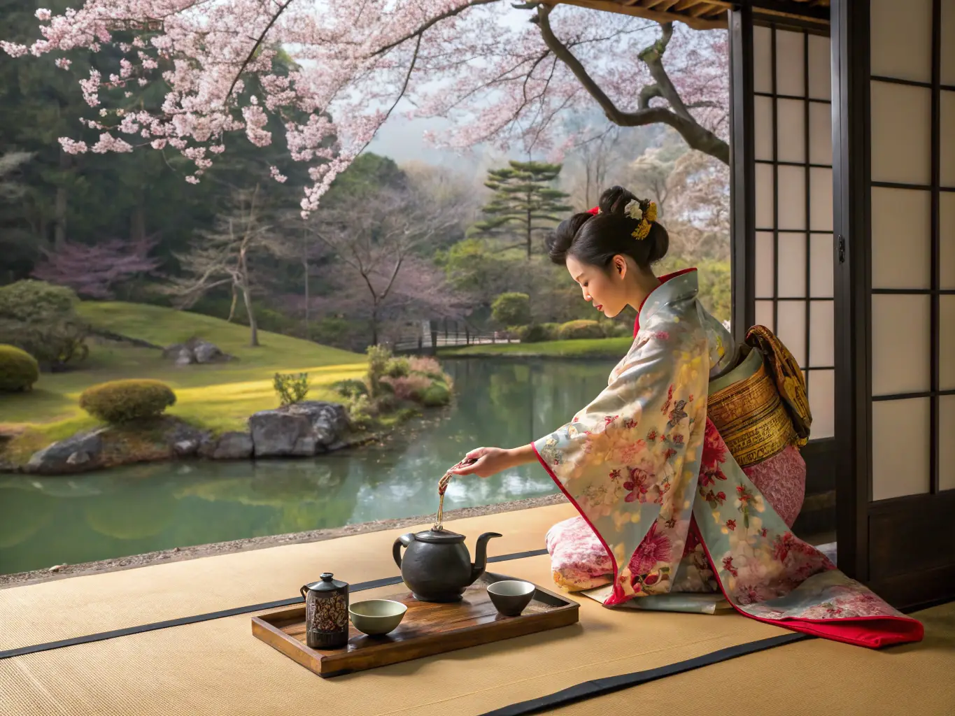 An elegant tea ceremony setup with fine china and a selection of premium teas, symbolizing the Premium Membership experience.