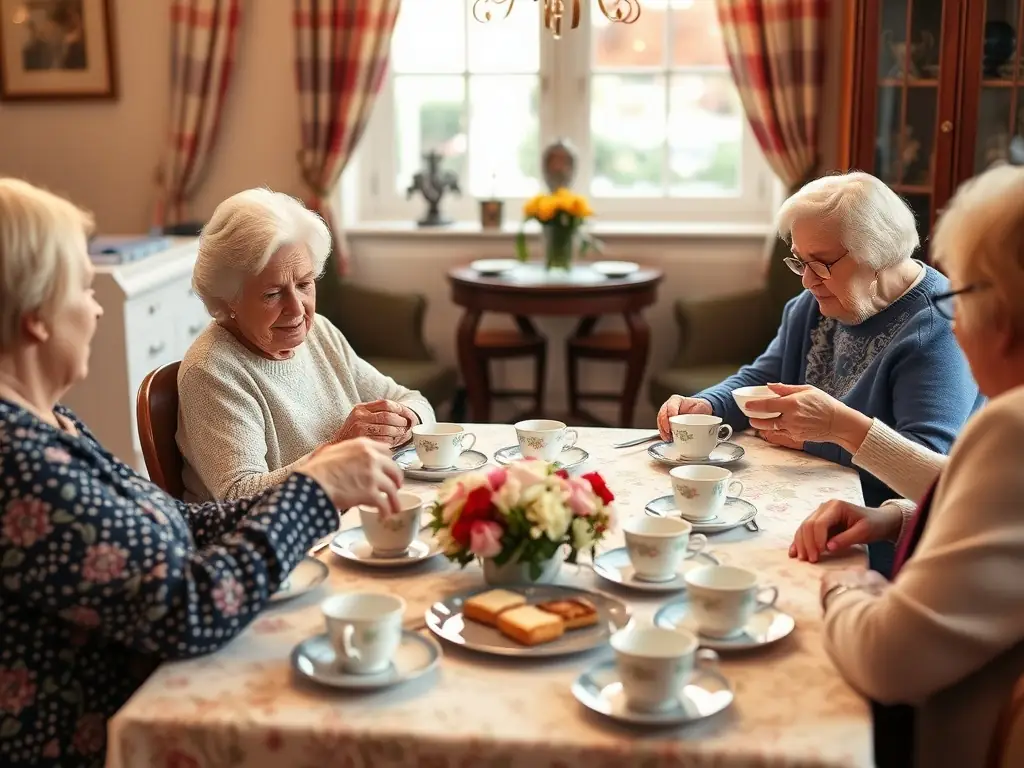 A diverse group of people enjoying tea together in a relaxed and friendly setting, highlighting the community aspect of the memberships.